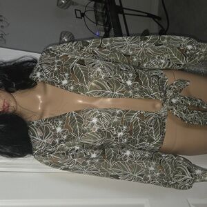 Floral/leaf Olive Tie-Front Blouse NWOT L